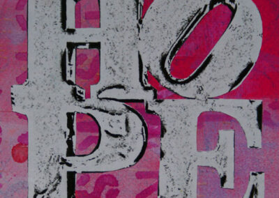 Titel: Hope Sculpture from Robert Indiana New York 2019, 15x15cm, Collage/Mischtechnik auf Papier, 2024