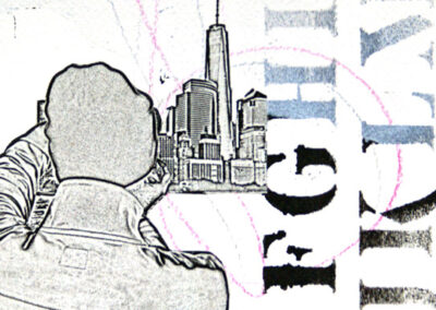 Titel: WTC York 2019, 15x15cm, Collage/Mischtechnik auf Papier, 2024